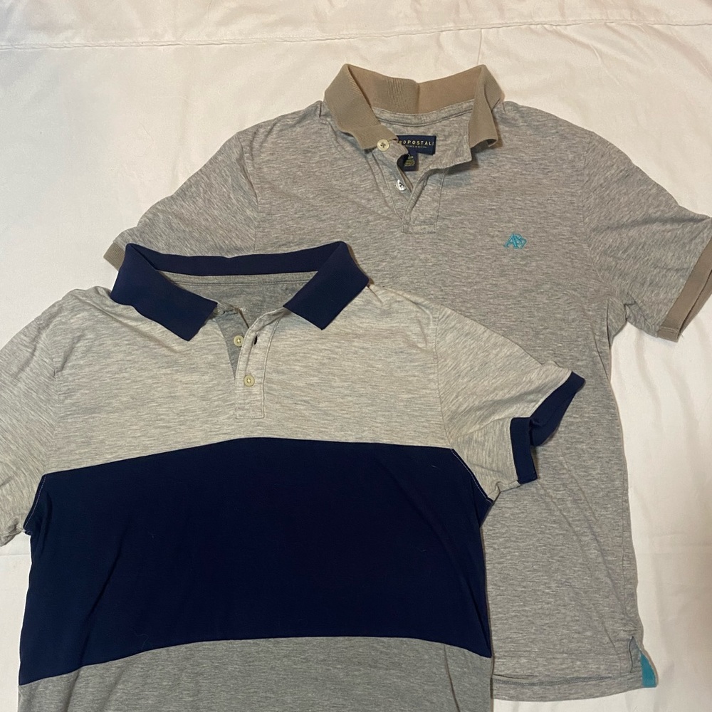 Lot of two polo shirts gray/blue and gray. One small one large